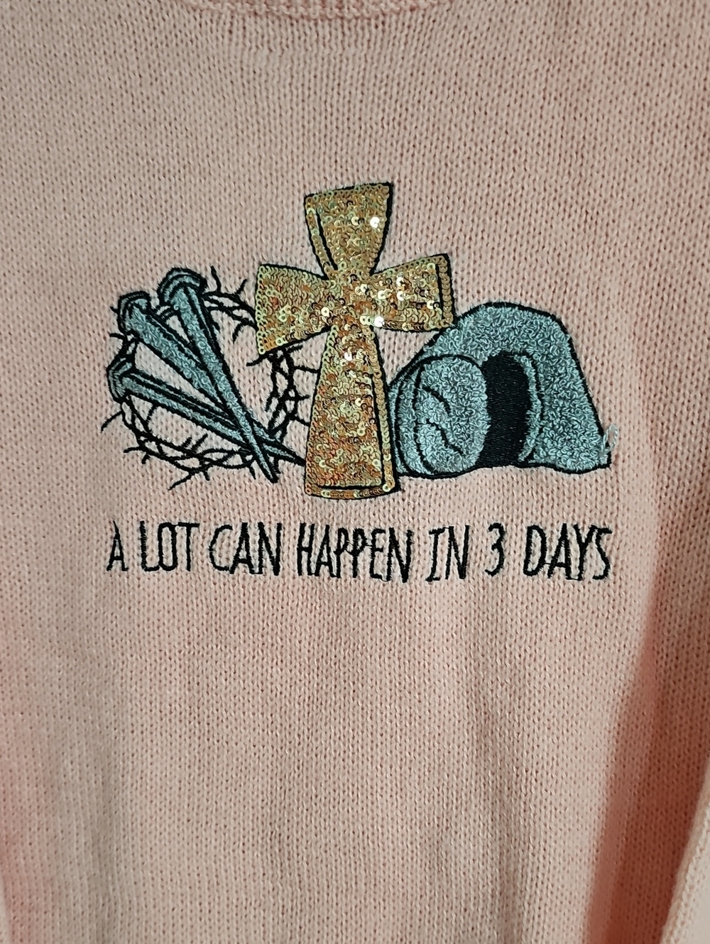 Live And Faith Relaxed Pink Crewneck Sweater with Embroidered Front - Picture 3 of 8